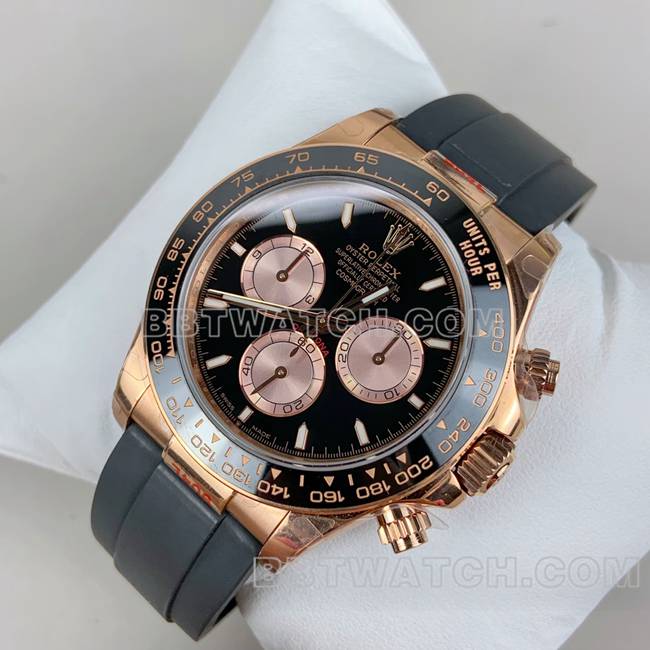 顶级复刻手表QF迪通拿劳力士黑盘玫瑰金4131机械正面实拍图