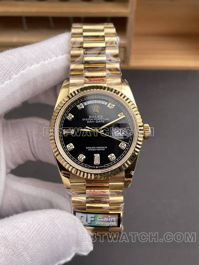 顶级复刻手表QF厂星期日历劳力士黑盘黄金2836机械36mm正面实拍图