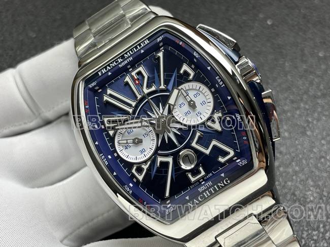 1:1复刻手表ABF厂法兰克穆勒V45蓝盘钢表带正面实拍图