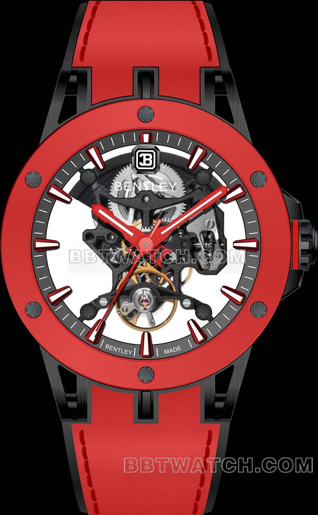 最优复刻手表宾利BL-62巅峰红色橡胶表带正面实拍图