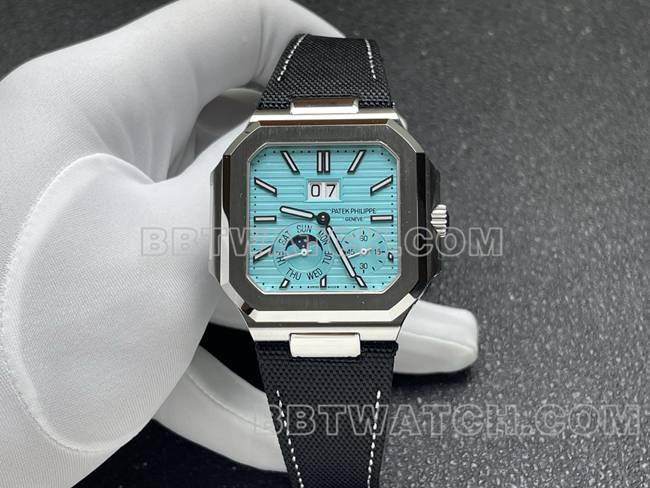 超级克隆手表P1厂百达翡丽CUBITUS浅蓝盘5822P-001正面实拍图