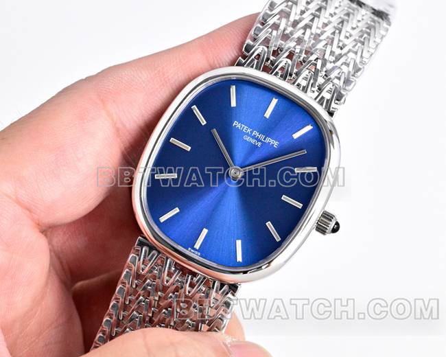 顶级复刻手表百达翡丽GOLDEN ELLIPSE蓝盘5738正面实拍图