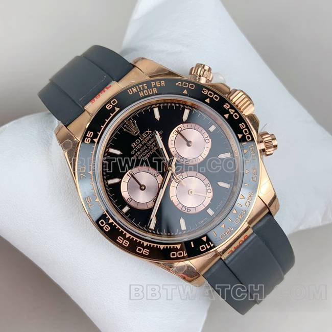 顶级复刻手表QF迪通拿劳力士黑盘玫瑰金4131机械正面实拍图