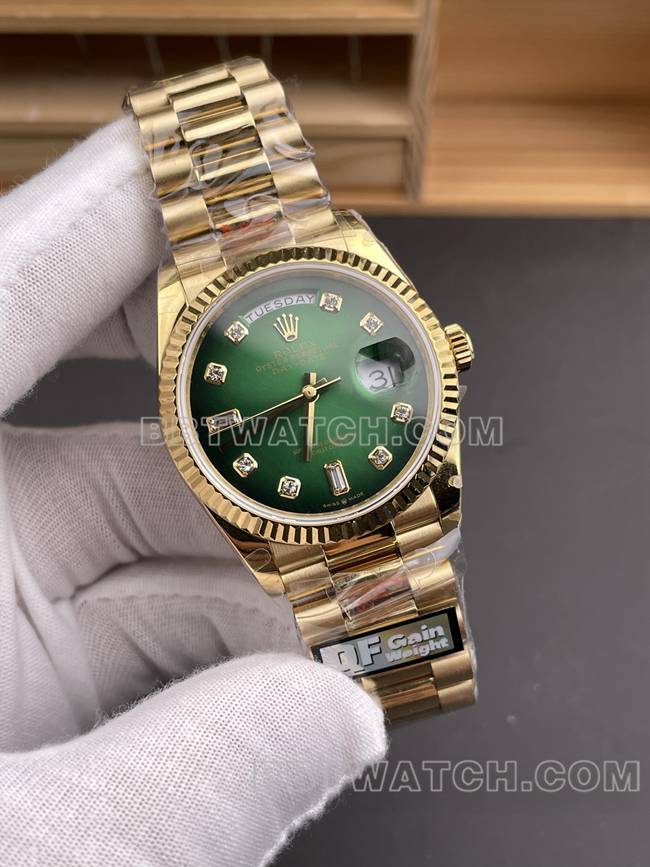 1:1复刻手表QF厂星期日历劳力士烟熏绿盘黄金2836机械36mm正面实拍图