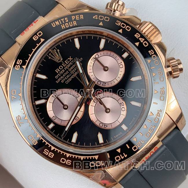 顶级复刻手表QF迪通拿劳力士黑盘玫瑰金4131机械正面实拍图