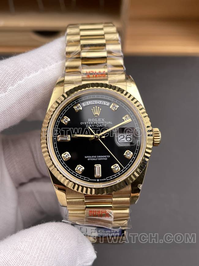 顶级复刻手表QF厂星期日历劳力士黑盘黄金2836机械36mm正面实拍图