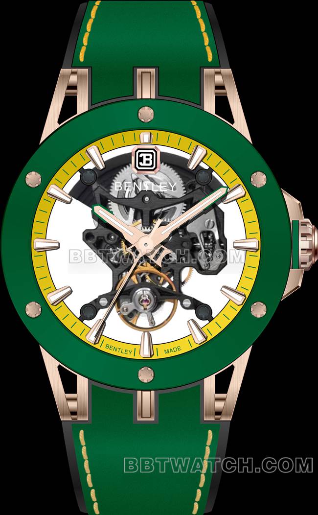 超级克隆手表宾利BL-62巅峰绿色橡胶表带正面实拍图