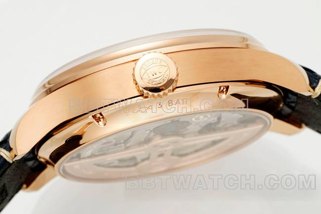 顶级复刻手表APS厂葡萄牙万国万年历蓝盘玫瑰金侧面实拍图