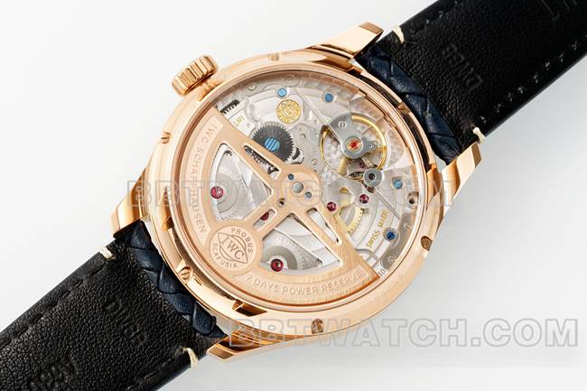 顶级复刻手表APS厂葡萄牙万国万年历蓝盘玫瑰金背面实拍图