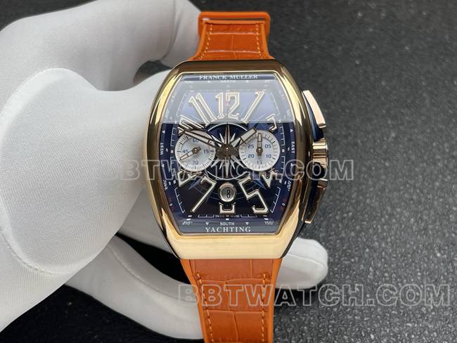 最优复刻手表法兰克穆勒ABF厂V45蓝盘金壳皮革表带正面实拍图