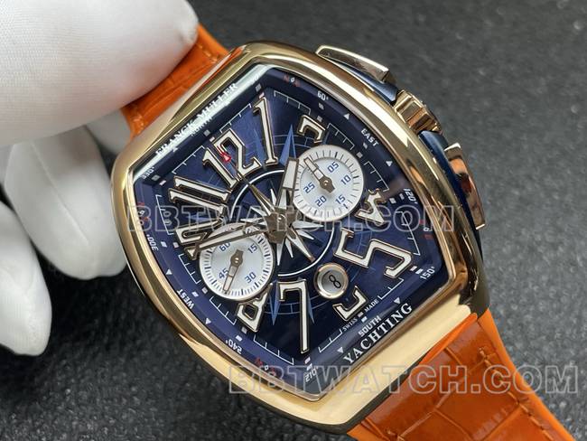 最优复刻手表法兰克穆勒ABF厂V45蓝盘金壳皮革表带正面实拍图