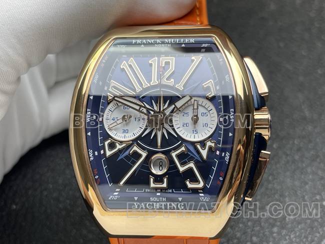 最优复刻手表法兰克穆勒ABF厂V45蓝盘金壳皮革表带正面实拍图