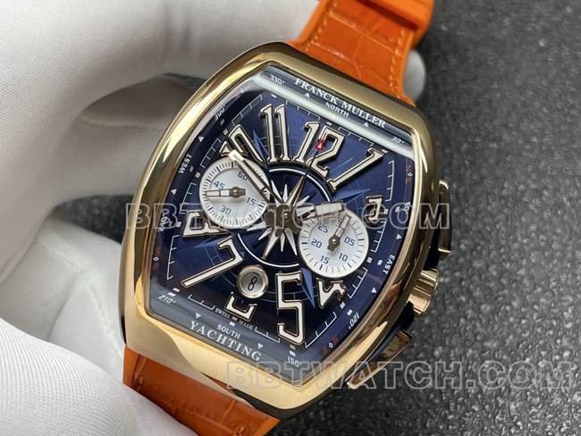 最优复刻手表法兰克穆勒ABF厂V45蓝盘金壳皮革表带正面实拍图