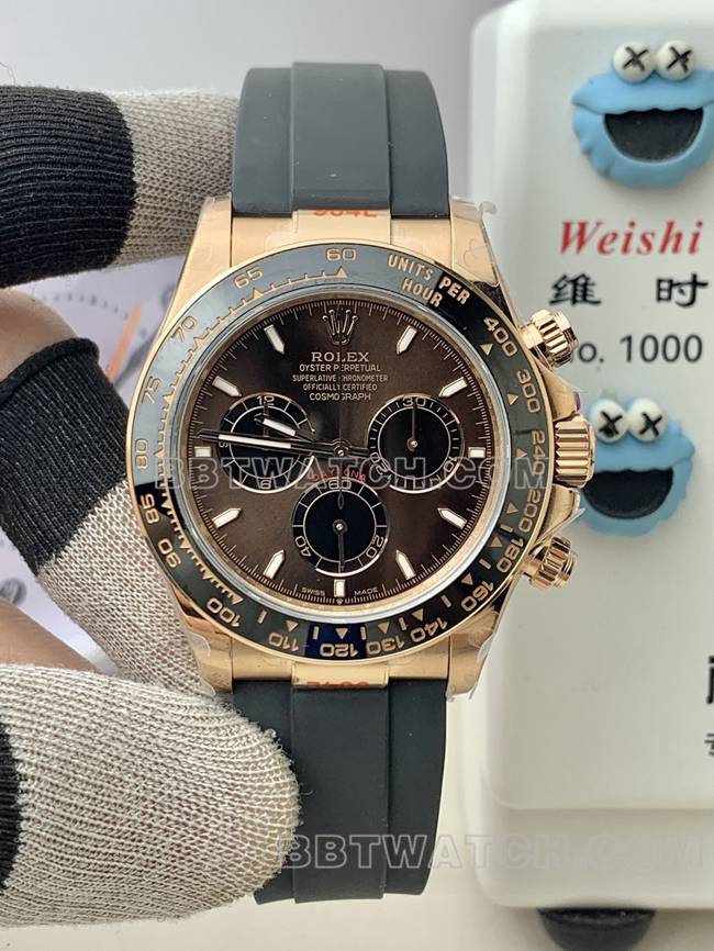 1:1复刻手表QF厂迪通拿劳力士咖啡盘玫瑰金4131机械正面实拍图