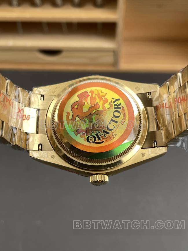 顶级复刻手表QF厂星期日历劳力士黑盘黄金2836机械36mm背面实拍图