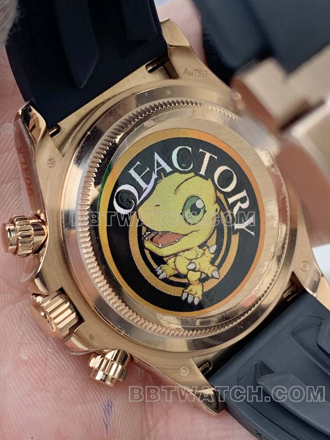 1:1复刻手表QF厂迪通拿劳力士咖啡盘玫瑰金4131机械背面实拍图