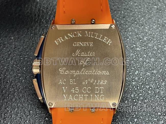 最优复刻手表法兰克穆勒ABF厂V45蓝盘金壳皮革表带背面实拍图