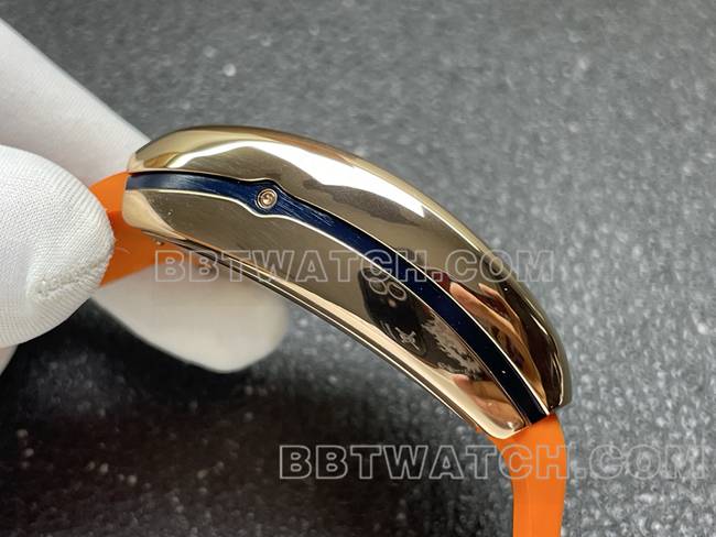 最优复刻手表法兰克穆勒ABF厂V45蓝盘金壳皮革表带侧面实拍图