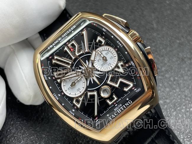 1:1复刻手表法兰克穆勒ABF厂V45黑盘金壳皮革表带正面实拍图