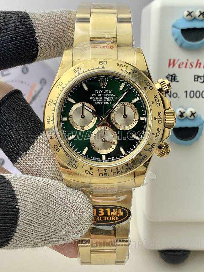 超级克隆手表QF厂迪通拿劳力士绿盘黄金4131机械正面实拍图