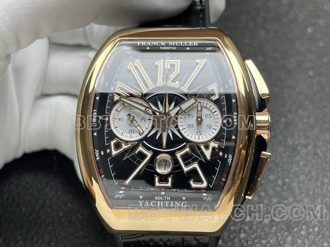 1:1复刻手表法兰克穆勒ABF厂V45黑盘金壳皮革表带正面实拍图