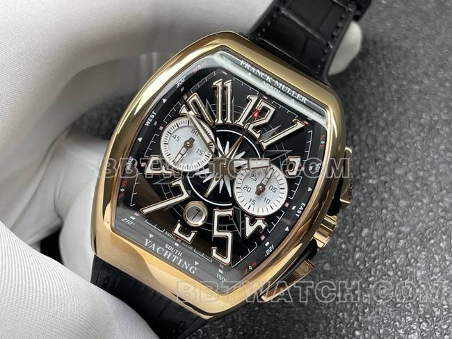 1:1复刻手表法兰克穆勒ABF厂V45黑盘金壳皮革表带正面实拍图