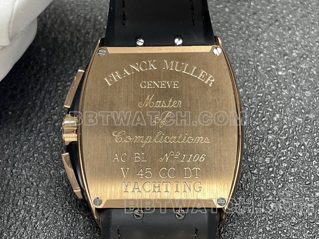 1:1复刻手表法兰克穆勒ABF厂V45黑盘金壳皮革表带背面实拍图