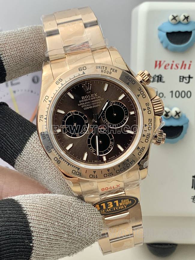 最佳复刻手表QF厂迪通拿劳力士棕盘玫瑰金4131机械正面实拍图