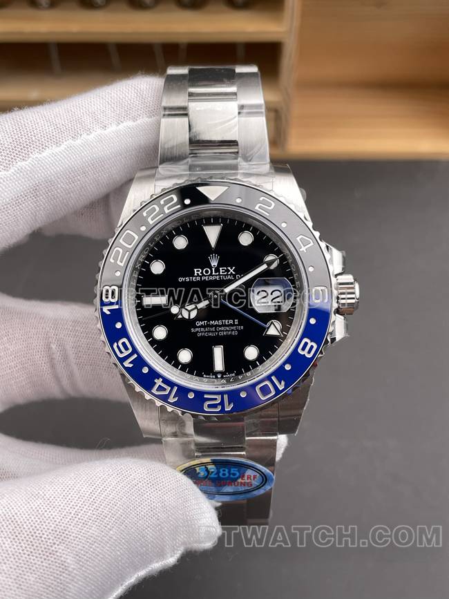 1:1复刻手表ERF厂格林尼治劳力士黑盘蓝黑圈3285机械正面实拍图
