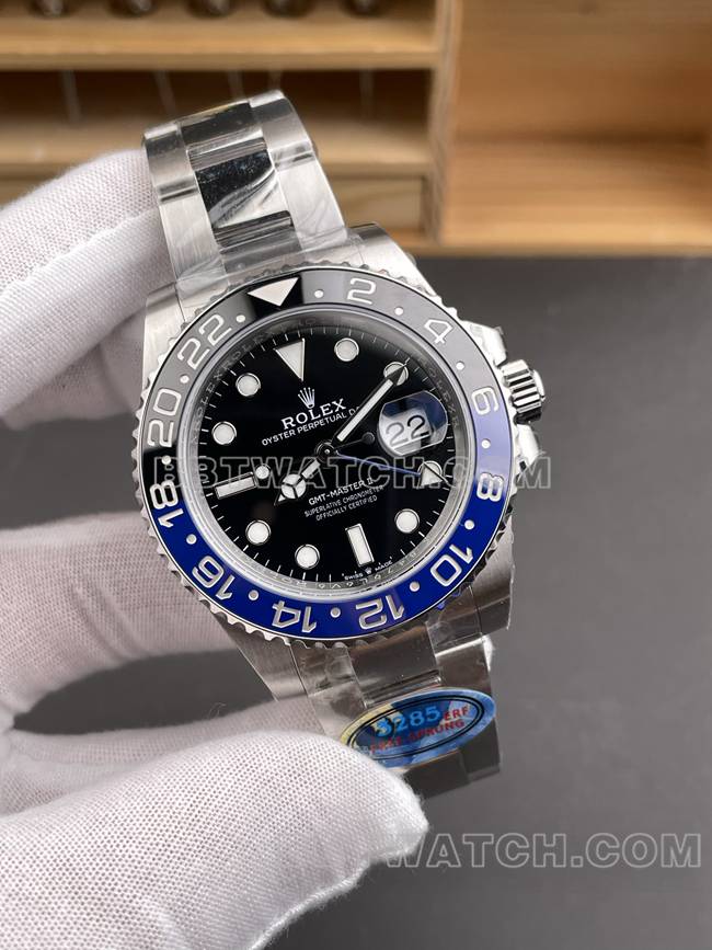 1:1复刻手表ERF厂格林尼治劳力士黑盘蓝黑圈3285机械正面实拍图