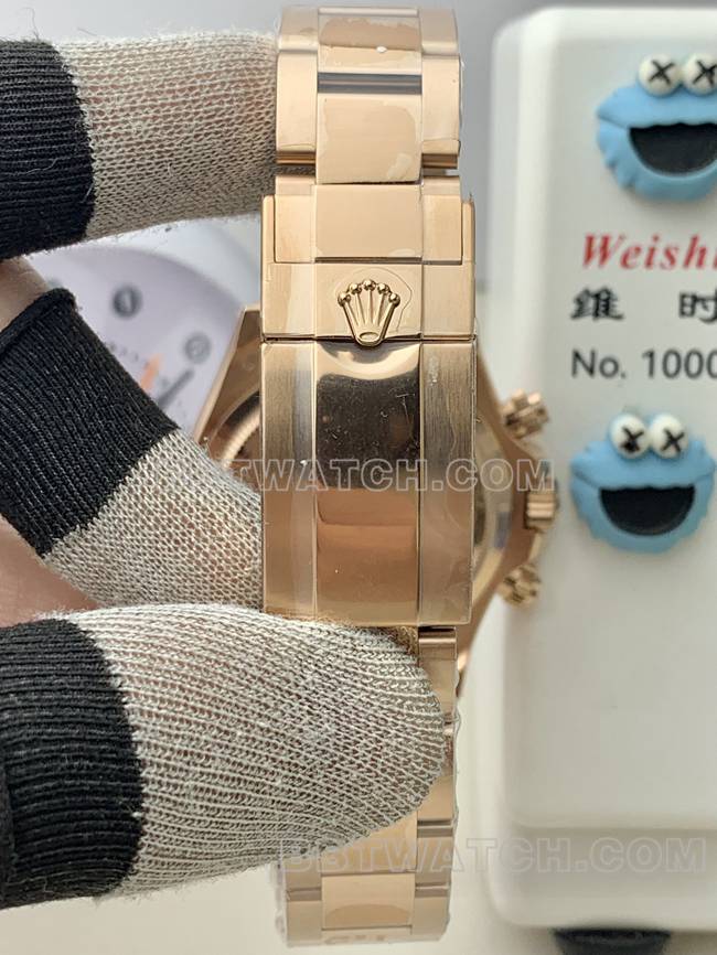 最佳复刻手表QF厂迪通拿劳力士棕盘玫瑰金4131机械表带实拍图