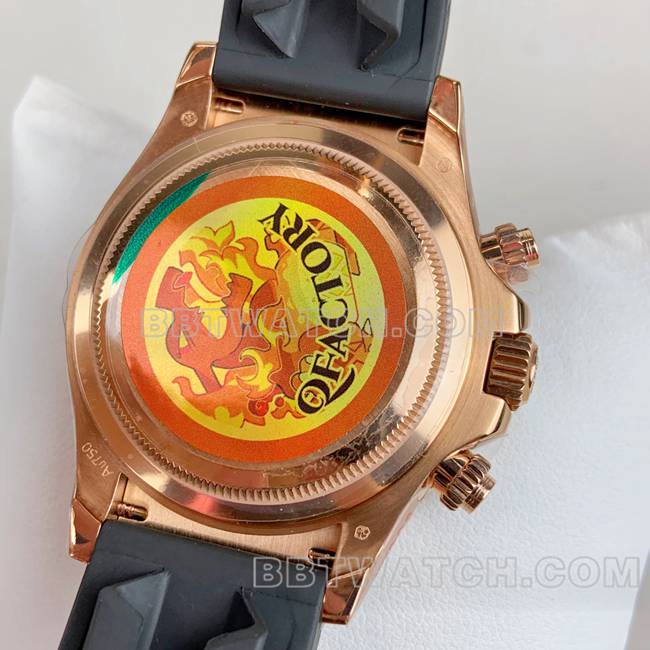 顶级复刻手表QF迪通拿劳力士黑盘玫瑰金4131机械背面实拍图