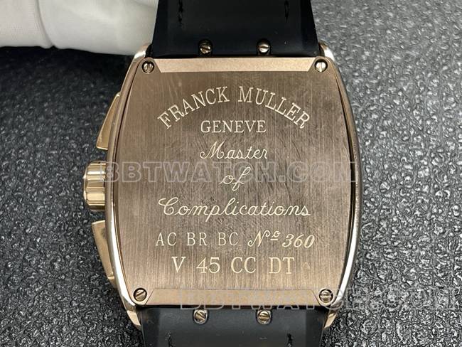 超级克隆手表法兰克穆勒ABF厂V45黑盘金壳皮革表带背面实拍图