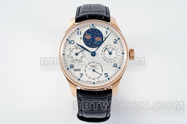 顶级复刻手表葡萄牙APS厂万国万年历白盘玫瑰金正面实拍图