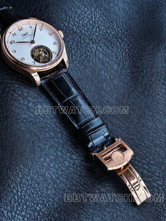 最优复刻手表TUR厂万国葡萄牙玫瑰金白盘陀飞轮表带实拍图