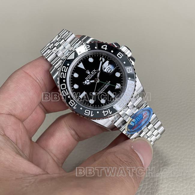 最优复刻手表ERF厂格林尼治劳力士黑盘黑灰圈3285机械正面实拍图