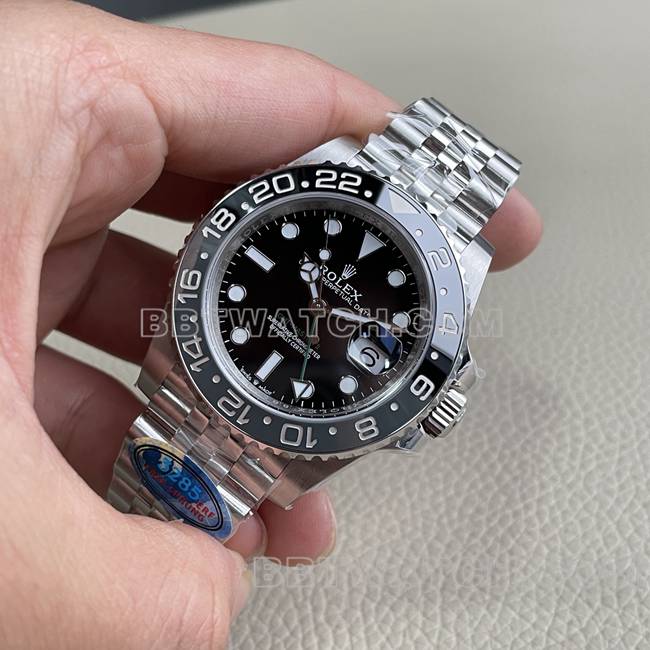 最优复刻手表ERF厂格林尼治劳力士黑盘黑灰圈3285机械正面实拍图