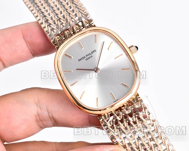 1:1复刻手表百达翡丽GOLDEN ELLIPSE银盘玫瑰金5738正面实拍图
