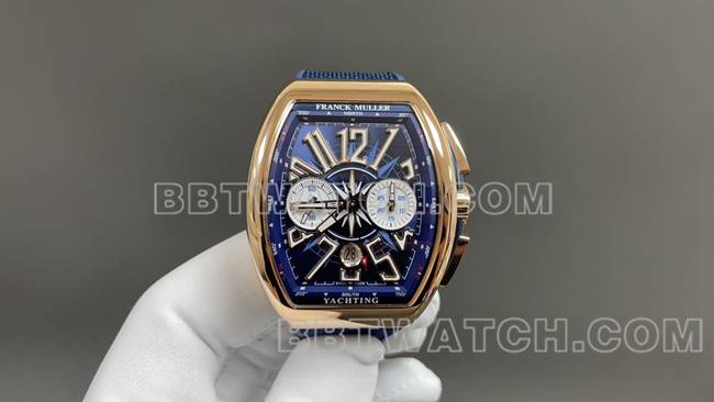 ABF厂顶级复刻手表法兰克穆勒V45蓝盘金壳皮革表带正面实拍图