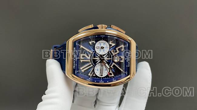 ABF厂顶级复刻手表法兰克穆勒V45蓝盘金壳皮革表带正面实拍图