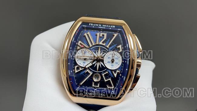 ABF厂顶级复刻手表法兰克穆勒V45蓝盘金壳皮革表带正面实拍图