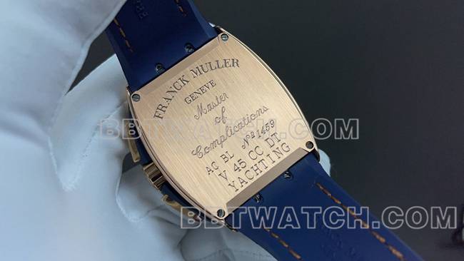 ABF厂顶级复刻手表法兰克穆勒V45蓝盘金壳皮革表带背面实拍图