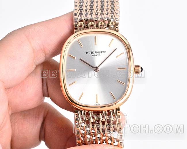 1:1复刻手表百达翡丽GOLDEN ELLIPSE银盘玫瑰金5738正面实拍图