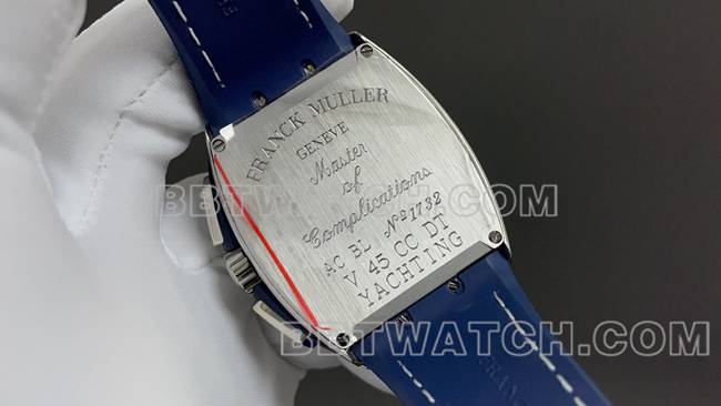 ABF厂最优复刻手表法兰克穆勒V45蓝盘皮革表带背面实拍图