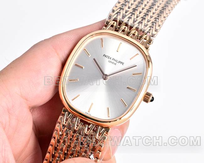 1:1复刻手表百达翡丽GOLDEN ELLIPSE银盘玫瑰金5738正面实拍图