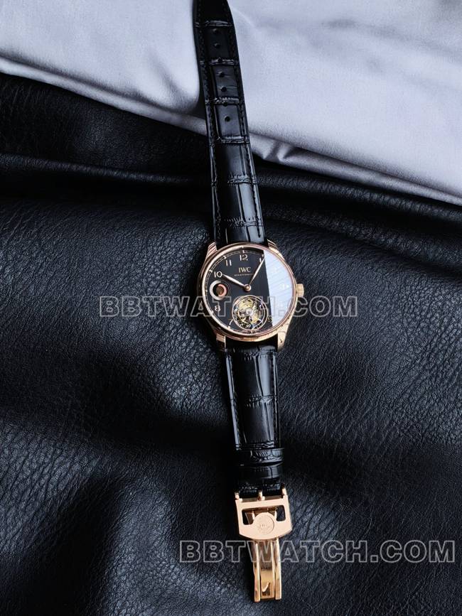 顶级复刻手表万国TUR厂葡萄牙玫瑰金黑盘陀飞轮正面实拍图