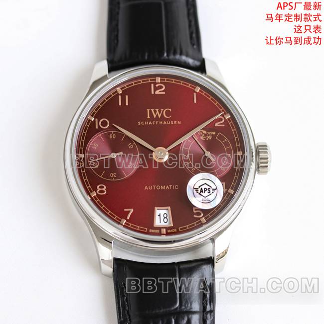 最优复刻手表葡萄牙APS厂万国红盘皮革表带正面实拍图
