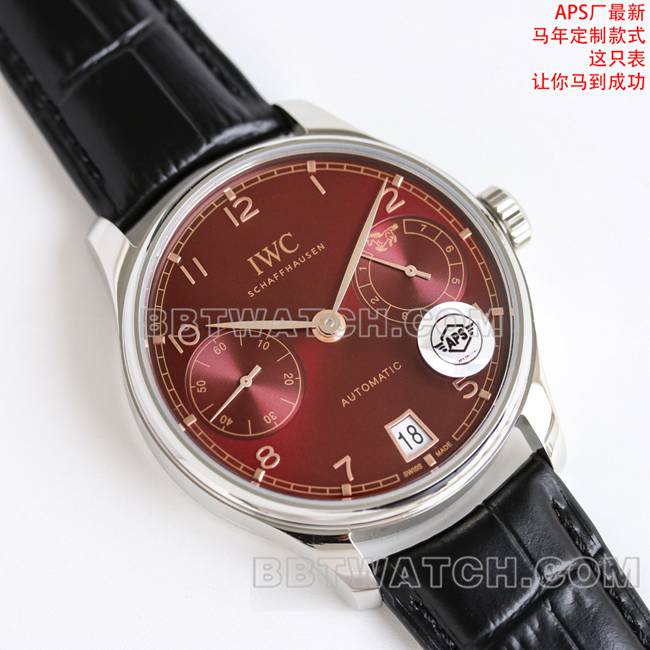 最优复刻手表葡萄牙APS厂万国红盘皮革表带正面实拍图