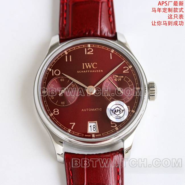 最优复刻手表葡萄牙APS厂万国红盘皮革表带正面实拍图