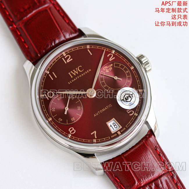 最优复刻手表葡萄牙APS厂万国红盘皮革表带正面实拍图